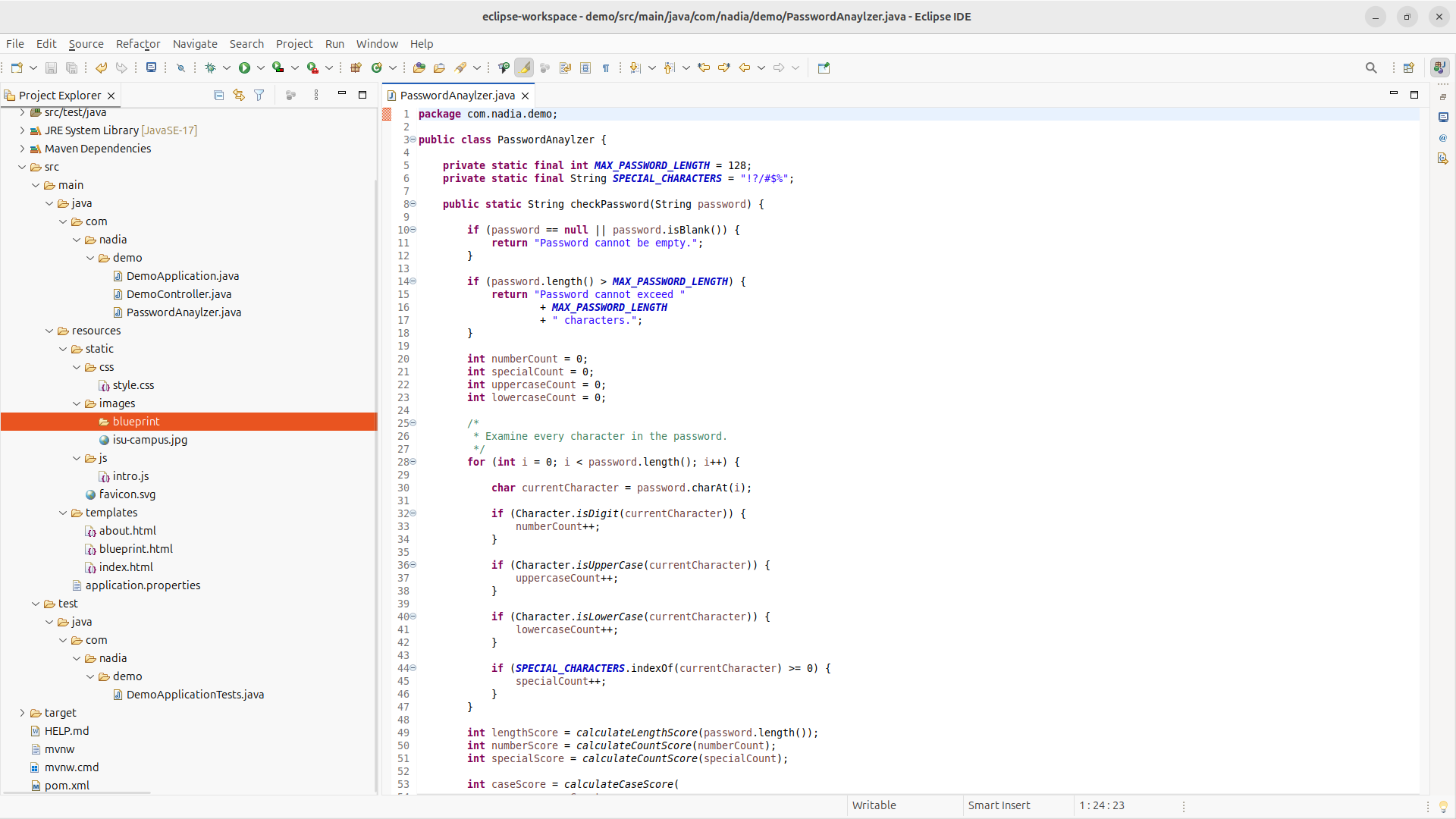 PasswordAnalyzer Java source code displayed in Eclipse